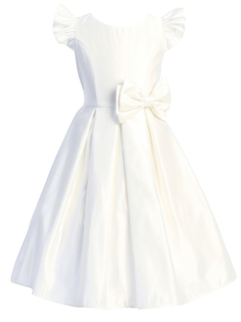 Little Girls Off White Flutter Sleeve Pleated Satin Flower Girl Dress 2-6 - SophiasStyle.com